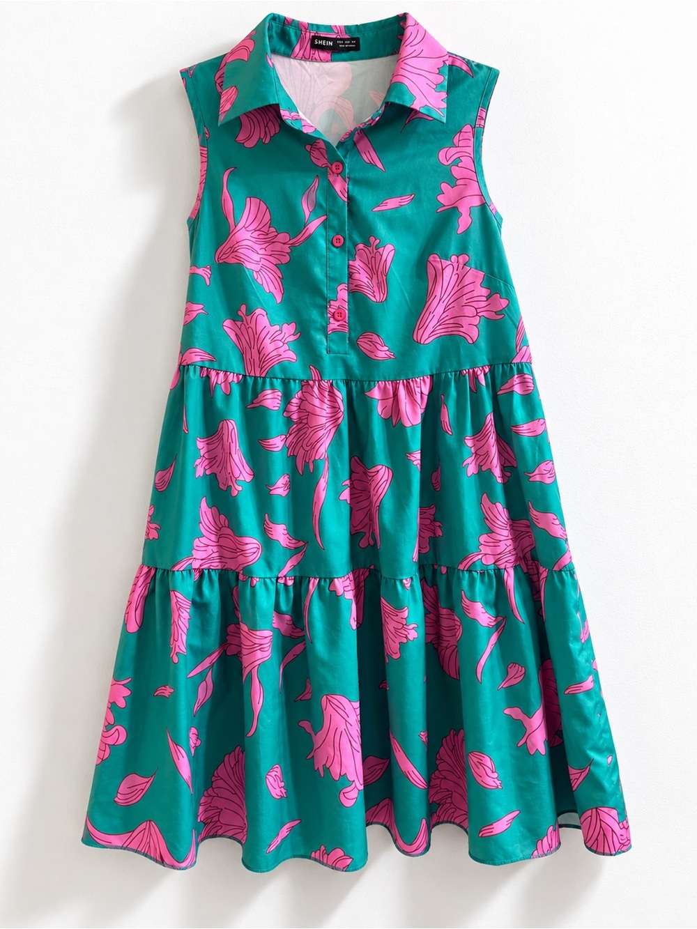 SHEIN EMERY ROSE Floral Print Tiered Smock Babydoll Dress Green/Pink S